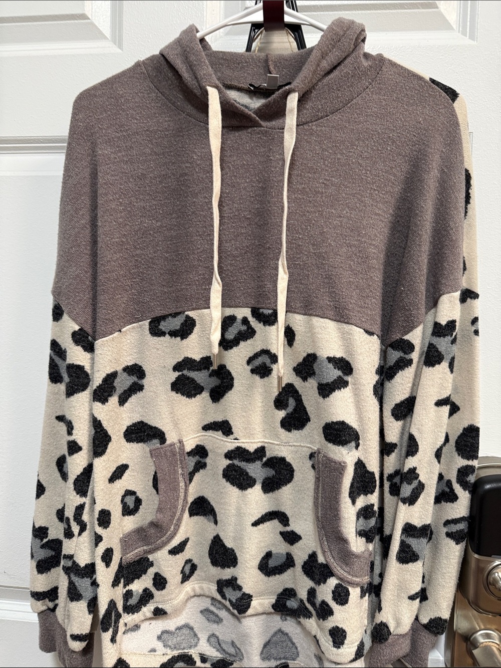 white birch Two-Tone Leopard Cowl Hoodie in Taupe & Cream. DORM ESSENTIALS